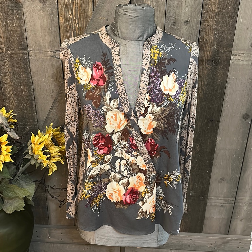 Anthropologie Gray Floral Wrap-Style Blouse with Cream, Red, Yellow Accents - Picture 1 of 9